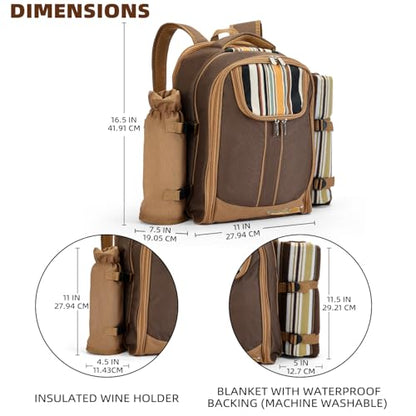 apollo walker Picnic Backpack Bag for 2 Person with Cooler Compartment, Detachable Bottle/Wine Holder, Fleece Blanket, Plates and Cutlery(2 Person, Brown) - color: Brown, size: 2 Person