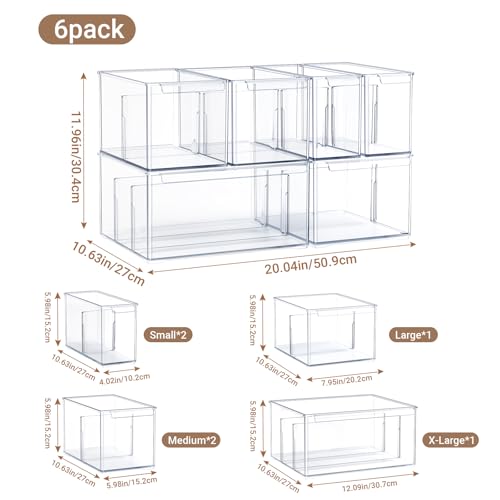 Clear Plastic Storage Bins with Dividers for Fridge Pantry Organizers and Storage Containers, 6 Pack Acrylic Stackable Sturdy Storage Boxes for Home Edit and Cabinet Organizers 6" High, C6-3 - style: 2 Small+1 Large+2 Medium+1 Extra Large