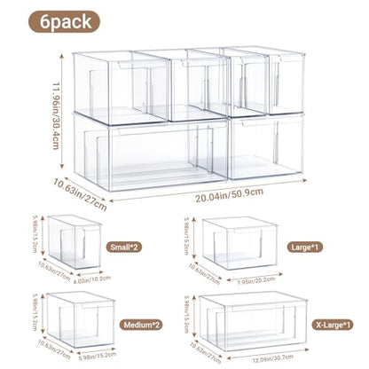 Clear Plastic Storage Bins with Dividers for Fridge Pantry Organizers and Storage Containers, 6 Pack Acrylic Stackable Sturdy Storage Boxes for Home Edit and Cabinet Organizers 6" High, C6-3 - style: 2 Small+1 Large+2 Medium+1 Extra Large