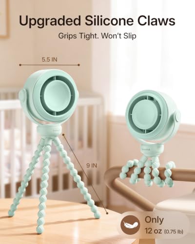 SWEETFULL Portable Stroller Fan, Pinch-Proof Baby Fan, 5-Speed Quiet Mini Clip on Fan, USB-C Rechargeable Battery, LED Display for Car Seat, Crib & Travel - Green - color: Green