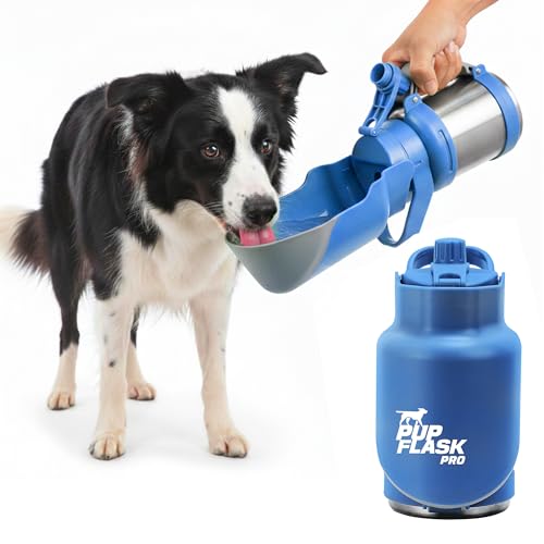 PupFlask Pro Dog Water Bottle | 30 or 50 OZ Double Wall Insulated Stainless Steel | Built-In Flip Cup Bowl | Leak Proof Cap | 24+ Hour Cold Water | Small & Large Dogs | Portable Pet Hydration Bottle - color: Blue, size: 30 Ounce