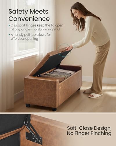 SONGMICS Storage Ottoman, Storage Chest Bench with Legs, End of Bed Bench with Safety Hinges, Pull Tab, for Living Room, Bedroom, 19.7 x 47.6 x 16.5 Inches, Synthetic Leather, Coffee Brown ULOM521KQ01 - color: Coffee Brown, style: Modern