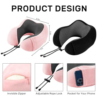 urnexttour Neck Pillow Airplane-2 Pack Memory Foam Travel Pillow, Soft Support Travel Neck Pillow for Travelling, Sleeping Rest, Car, Train and Home Use (Black&Pink) - color: Black&pink
