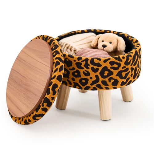 Wimarsbon Storage Ottoman, Modern Round Footrest with Soft Padded Seat, Pattern Velvet Footstool with Wood Legs, Accent Small Table or Plant Stand for Hallway, Living Room (Orange) - color: Orange Color
