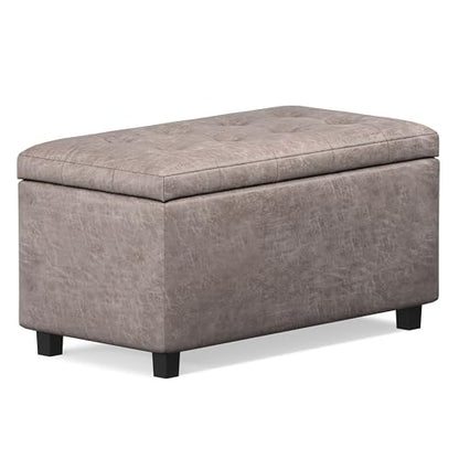 SIMPLIHOME Cosmopolitan Storage Ottoman - 34 inch Wide Upholstered Vegan Leather Rectangle Storage Ottoman Bench in Distressed Grey Taupe, Transitional Tufted Ottoman for Living Room with Lift-Up Lid - color: Distressed Grey
