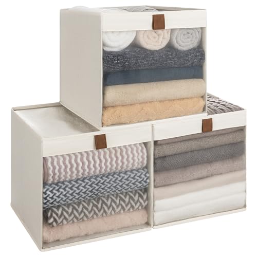 StorageWorks 13x13 Storage Cubes, Closet Storage Bins with Clear Window, Large Fabric Organizer for Clothes, Collapsible Storage Baskets with PU Handles, Beige, 3-Pack - color: Beige, size: 13"L x 13"W x 13"H