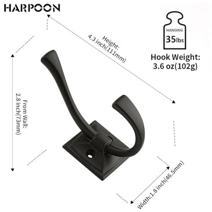 HARPOON 5 Pcs Prong Hook, Heavy Duty Two Flared Coat Hooks,Wall Mounted with 4 Screws,Utility Hooks for Scarf, Bag, Towel, Key, Cap, Cup, Hat - Matte Black - color: Matte Black