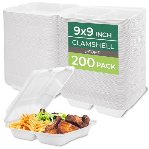 Freshware Clamshell Food Containers with Lids [9x9"] 3-Compartment 200-Pack, Disposable To Go Containers, Biodegradable Sugarcane To Go Boxes - Paper Containers - Microwave & Freezer Safe, Stackable - size: 9 x 9 Inch, 200 Pack