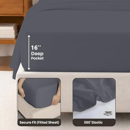 SGI bedding 100% Egyptian Cotton Sheets Full XL Size – Cooling Sheets, Soft Breathable Dark Grey Bedding, Luxury Bedding, Luxury Hotel Sheet Set, Deep Pocket 16", 4 Piece Set - color: 03 - Dark Grey, size: Full XL