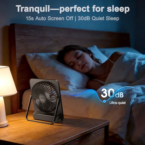 WHATOOK Large Travel Desk Fan: 10000mAh Battery 40 Hours Runtime Silent Rechargeable Fans, Quite Personal Portable Fan for Camping Bedroom Office Small Desktop fan (8.3 * 7.1inch Black) (Black) - color: Black