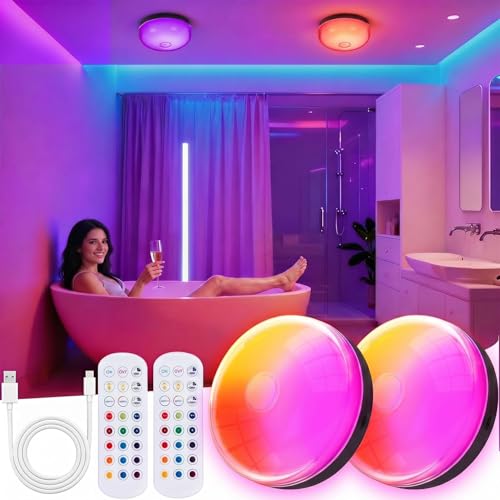 2PACK Rechargeable LED Shower Light, Waterproof Shower Lamp with 15 RGB Colors Mood Lighting, Dimmable Ceiling Light for Bathroom Living Room Closet Bedroom Hallway Stairs Party Decor