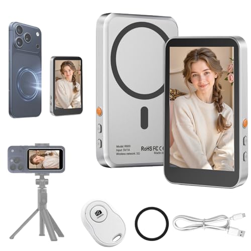 Magnetic Vlog Selfie Monitor Screen for iPhone 17 & Android, 4K Wireless Video Recording with Remote Zoom & Shoot, Content Creator Essentials Back Camera Monitor for vlogging YouTube TikTok - color: Silver