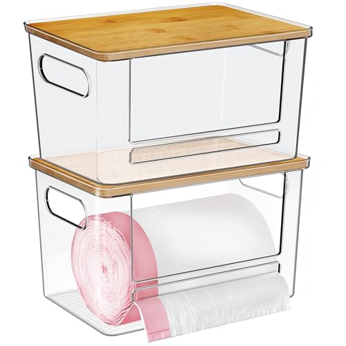 Trash Bag Dispenser 2 Pack - Under Sink Organizer, Plastic Bag Holder, Stackable Acrylic Garbage Bag Storage with Bamboo Lid for Kitchen Cabinet, 13/30/33 Gallon Grocery Bag Dispenser - size: XL- 2 PACK