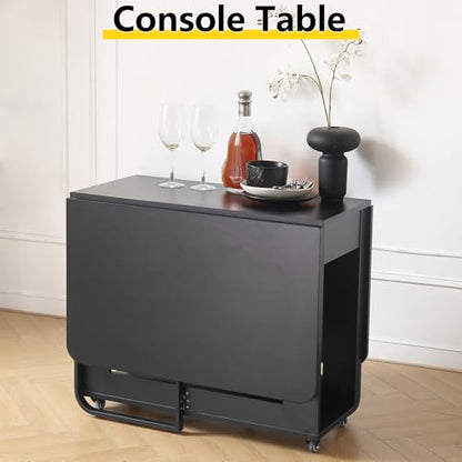 Folding Dining Room Table with Two Drawers for 4/6 with Space Saving Drop Leaf Table,Lockable Wheels & Storage, Heavy Duty Plywood Top 300lb, Convertible Desk for Apartments/RV/Home Office - color: Black-1