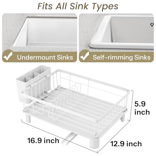 SNTD Dish Drying Rack - Small Dish Rack for Kitchen Counter, Stainless Steel Dish Drainer with Utensil Holder and Drainboard, 12.9" W x 16.9" L (White) - color: White, size: 12.9" W x 16.9" L