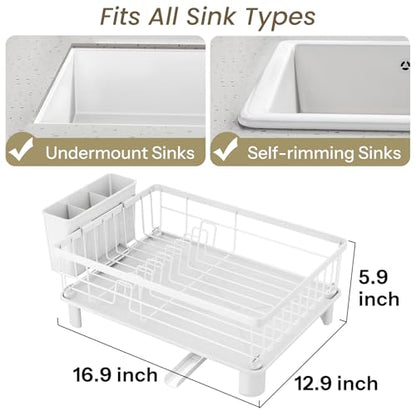 SNTD Dish Drying Rack - Small Dish Rack for Kitchen Counter, Stainless Steel Dish Drainer with Utensil Holder and Drainboard, 12.9" W x 16.9" L (White) - color: White, size: 12.9" W x 16.9" L