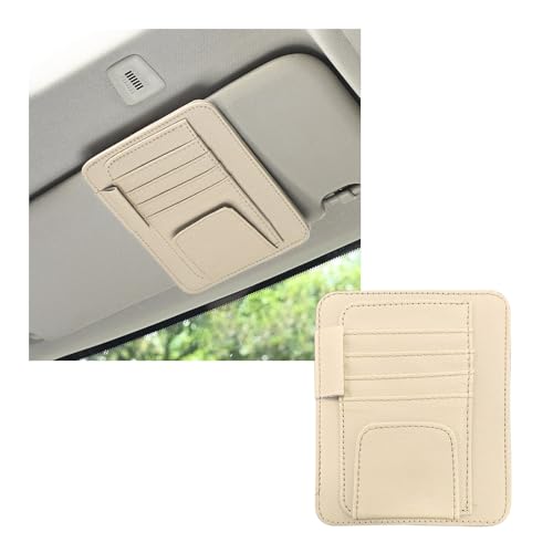 Dickno Small Leather Car Sun Visor Organizer, Multifunctional Auto Visor Document Holder with Sunglasses Clip, Universal Car Interior Organizer for Drving License, Card, Pen (Beige) - color: Beige, 1PC