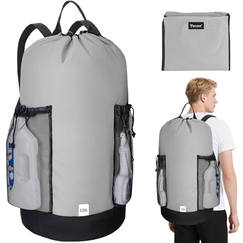 BALEINE 2PK 120L Laundry Bag Backpack, 900D Oxford Fabric Large Travel Laundry Bags with Shoulder Straps and 2 Mesh Pockets (Gray, 120L) - color: Gray, size: 120L - 2PK