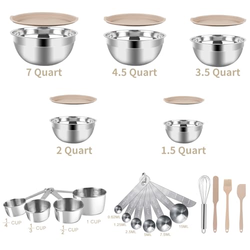 WEPSEN Mixing Bowls Set, 25PCS Khaki Mixing Bowls With Lids Set Stainless Steel Kitchen Large Nesting Metal Bowl 7QT to 1.5QT, Measuring Cups and Spoons for Prepping Cooking Serving - color: Khaki Bowls Set