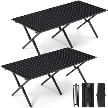 Suzile 2 Pack 4FT Folding Camping Table, Roll Up Portable Camp Table with Carry Bag, Low Collapsible Lightweight Aluminum Outdoor for Camping, Picnic, Beach, Patio, Kitchen(Black) - color: Black