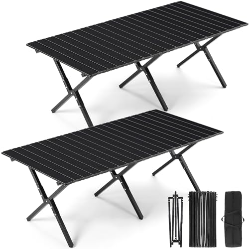 Suzile 2 Pack 4FT Folding Camping Table, Roll Up Portable Camp Table with Carry Bag, Low Collapsible Lightweight Aluminum Outdoor for Camping, Picnic, Beach, Patio, Kitchen(Black) - color: Black