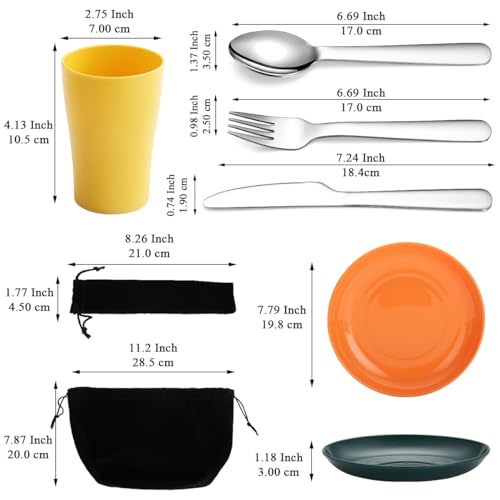 Evanda Camping Cutlery Set, Reusable Light Weight Mug, Plate and Stainless Steel Cutlery Set with Black Bag, Dishwasher Safe - color: 3.4 Person