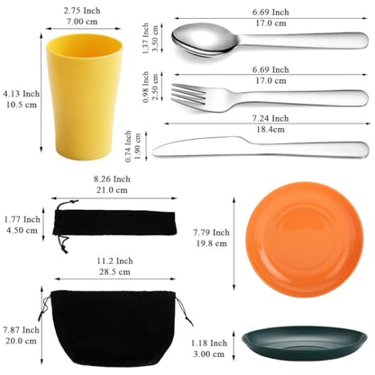 Evanda Camping Cutlery Set, Reusable Light Weight Mug, Plate and Stainless Steel Cutlery Set with Black Bag, Dishwasher Safe - color: 3.4 Person