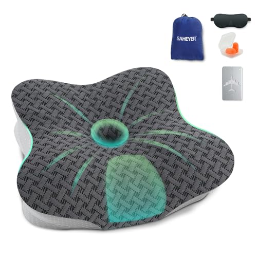 SAHEYER Travel Pillow for Sleeping, Ergonomic Cervical Neck Support Pillows, Lightweight Memory Foam Travel Pillow for Camping, Backpacking, Hammock - with Travel Storage Bag and Cooling Cover, Black - color: Black