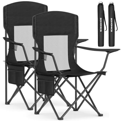 SONGMICS 2 Pack Breathable Camping Chairs, 330 lb Capacity Foldable Outdoor Chairs, High Back, Adjustable Armrests & Cup Holder, for Sports Garden Backyard, Ink Black UGCB028B02 - color: Black, style: 2PC (20.3"D x 34"W x 38.2"H)