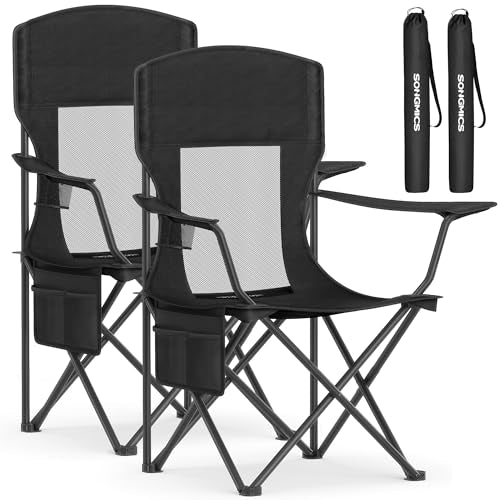 SONGMICS 2 Pack Breathable Camping Chairs, 330 lb Capacity Foldable Outdoor Chairs, High Back, Adjustable Armrests & Cup Holder, for Sports Garden Backyard, Ink Black UGCB028B02 - color: Black, style: 2PC (20.3"D x 34"W x 38.2"H)