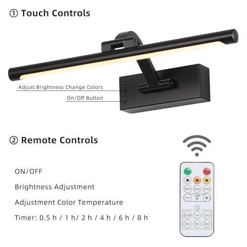 Picture Light Removable Battery Charging, 16in Wireless Art Light for Paintings, Dimmable 5000mAh Recharging Battery Picture Light with Remote Control for Pictures Display - color: Black