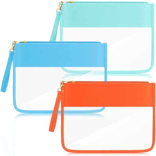 Sanwuta 3 Pcs Clear Flat Zipper Pouches for Travel Women, Nylon Waterproof PVC Makeup Snack Bags Set Organizer Portable Storage DIY Chenille Letter Beach Stuff Toiletry Gym(Light Green, Blue, Orange) - color: Light Green, Blue, Orange