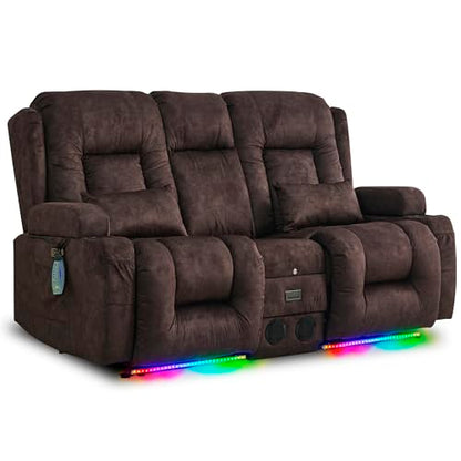 URRED Power Loveseat Recliner Sofa with Massage and Heat, Wall Hugger Reclining Loveseat with Console, RV Couch Home Theater Seating with LED Lights for Living Room (Brown, 67" - 2 Seats) - color: Brown, size: 67" - 2 Seats