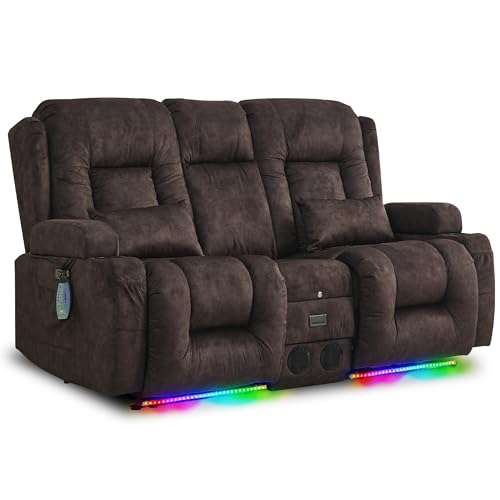 URRED Power Loveseat Recliner Sofa with Massage and Heat, Wall Hugger Reclining Loveseat with Console, RV Couch Home Theater Seating with LED Lights for Living Room (Brown, 67" - 2 Seats) - color: Brown, size: 67" - 2 Seats