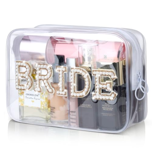 Etercycle Bride Clear Makeup Bag, Bridal Shower Gifts Engagement Cosmetic Bag, Bling Pearl Rhinestone Letter Patches Waterproof PVC Travel Organizer for Women Wedding Bachelorette Party (Gold) - color: Gold, style: Bride