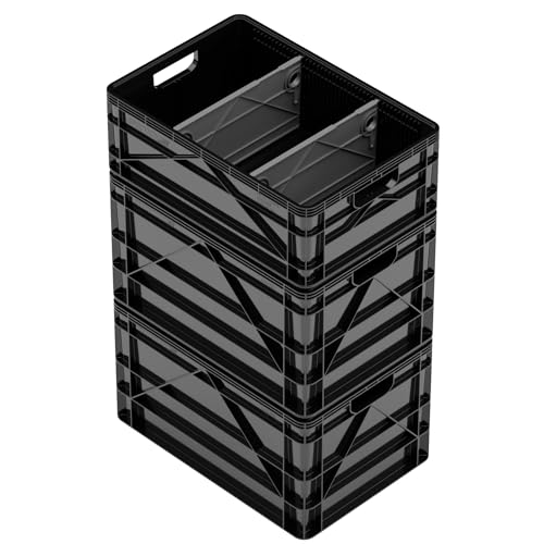 SIDIO Crate Basic Pack - 2 Full-Size & 1 Half-Size Heavy Duty Stackable Storage Bins, Totes and Containers with Dividers - Durable Plastic Organizer for Home, Office, Garage, and Outdoor Use, Black - color: Black