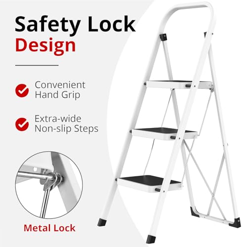 HBTower Step Ladder Folding Step Stool for Adults with Anti-Slip Pedal,330 lbs Capacity for Kitchen, Home,White - size: 3 Step Ladder