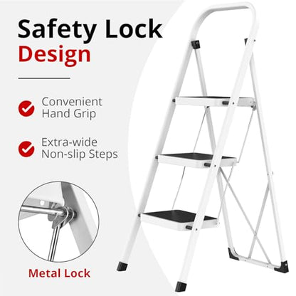 HBTower Step Ladder Folding Step Stool for Adults with Anti-Slip Pedal,330 lbs Capacity for Kitchen, Home,White - size: 3 Step Ladder