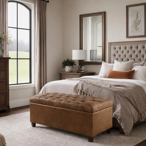 HomePop 40" Button Tufted Storage Bench - Distressed Brown Faux Leather - color: Distressed Brown Faux Leather