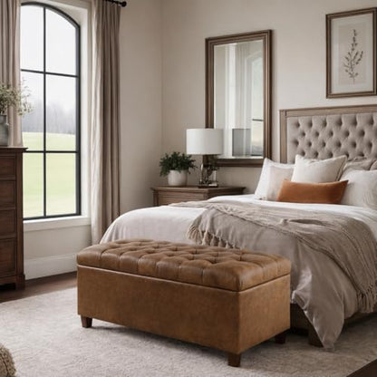 HomePop 40" Button Tufted Storage Bench - Distressed Brown Faux Leather - color: Distressed Brown Faux Leather