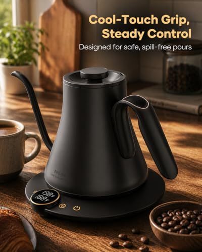 Cocinare Gooseneck Electric Kettle, ±1°F Precise Temperature Control, 1500W Fast Heating, Pour Over Coffee & Tea Kettle with Brew Timer & Keep Warm, Stainless Steel, 0.9L (Matte Black) - color: Matte Black