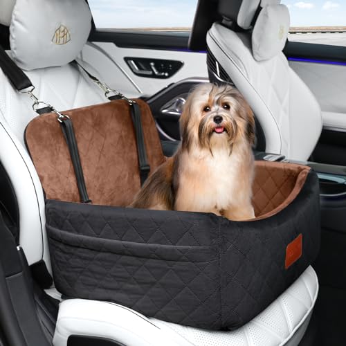 WOOAIDAGG Dog Car Seat for Small Dogs Under 30lbs,Ultra Soft Fabric & Memory Foam Pet Travel Car Bed,Washable & Detachable,Anti-Slip Bottom,2 Storage Pockets and Safety Tethers(Black/Brown) - color: Black/Brown