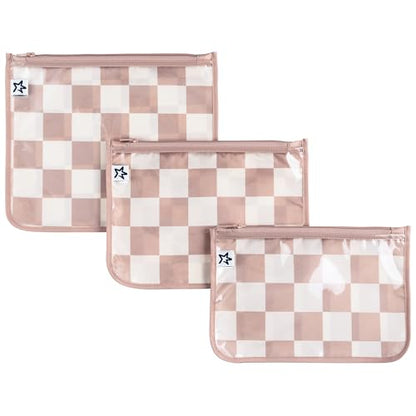 Tiny Twinkle Diaper Bag Organizing Pouches|3 Pack Mess-Proof Clear Front Travel Organizer Bags&TSA Approved Toiletry Bag Set for Baby and Mom Essentials - color: Beige Checkers