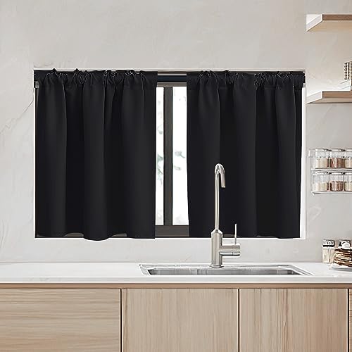 RYB HOME Small Window Curtains - Blackout Insualting Privacy Curtains for Kids Bedroom Kitchen Bathroom Basement Cafe Cabinet Tiers Drapes, 34 Width x 30 Length, 2 Panels, Black - color: Black, size: 34"W x 30"L (Pack of 2)