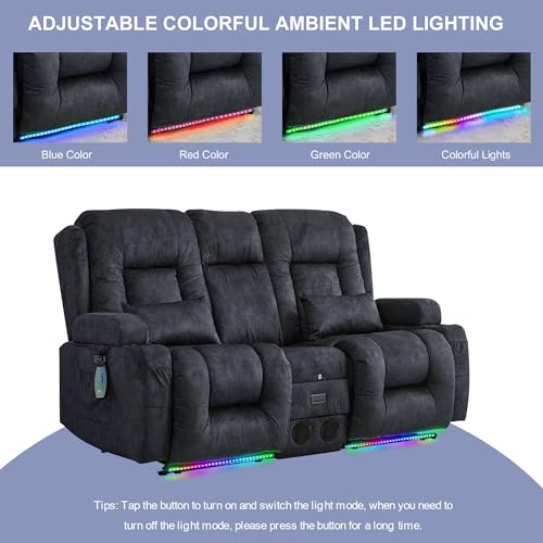 TUNYI Power Loveseat Recliner Sofa with Massage & Heat Home Theater Seating with Console RV Recliner Loveseat Sofa with USB/Storage/Side Pocket/LED Light/Speaker (Grey, Loveseat) - color: Grey, size: 2 Seat