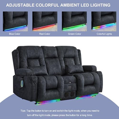 TUNYI Power Loveseat Recliner Sofa with Massage & Heat Home Theater Seating with Console RV Recliner Loveseat Sofa with USB/Storage/Side Pocket/LED Light/Speaker (Grey, Loveseat) - color: Grey, size: 2 Seat