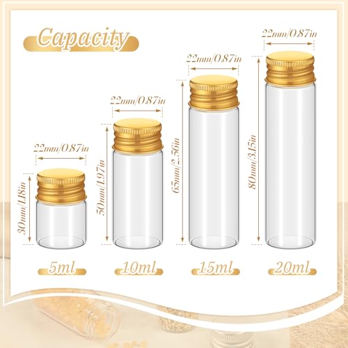 Didaey 100 Pcs Small Clear Vials Spice Mini Jars with Lids Mini Glass Bottles with Screw Aluminum Metal Caps Tiny Jars Sample Containers for Powder Cream Cosmetic Jewelry Wedding (4 Size,Gold Caps) - color: Gold Caps, size: 4 ml