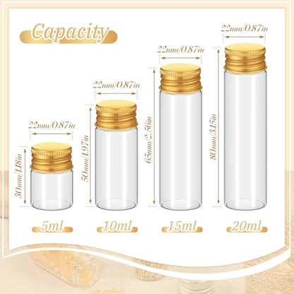 Didaey 100 Pcs Small Clear Vials Spice Mini Jars with Lids Mini Glass Bottles with Screw Aluminum Metal Caps Tiny Jars Sample Containers for Powder Cream Cosmetic Jewelry Wedding (4 Size,Gold Caps) - color: Gold Caps, size: 4 ml