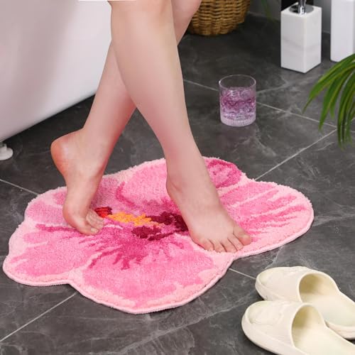 Drydiet Pink Flower Shower Mat Summer Hibiscus Bathroom Rug Flower Shape Shower Mat Door Cute Bath Tropical Summer Bathroom Decoration Non Slip Washable Bath Rug - style: Flowers