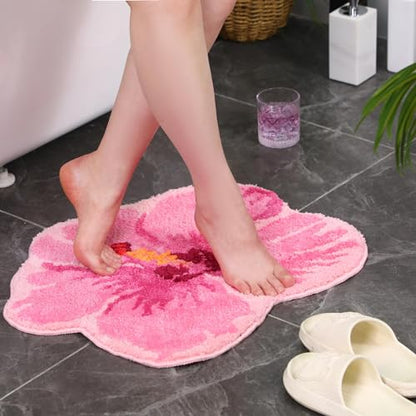 Drydiet Pink Flower Shower Mat Summer Hibiscus Bathroom Rug Flower Shape Shower Mat Door Cute Bath Tropical Summer Bathroom Decoration Non Slip Washable Bath Rug - style: Flowers